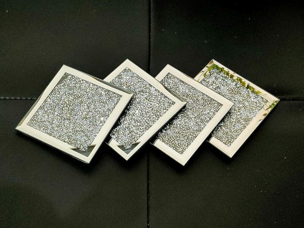 EagleWiz Silver Sparkle Crushed Crystal 4 Square Mirror Diamante Jewel Coasters