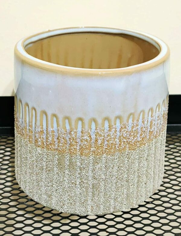 NATURAL INTERIOR RIBBED Ceramic PLANT POT / VASE with Ribbed Line Decal & Block Tone Colouring - Image 3