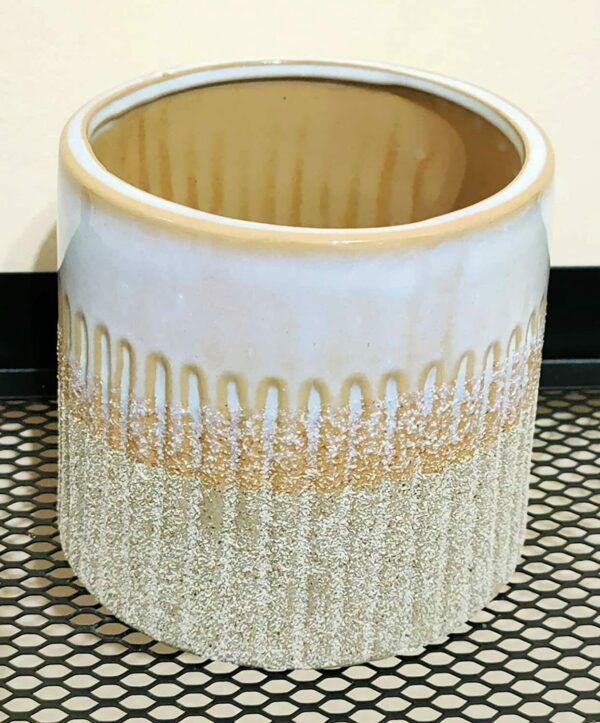 NATURAL INTERIOR RIBBED Ceramic PLANT POT / VASE with Ribbed Line Decal & Block Tone Colouring - Image 5