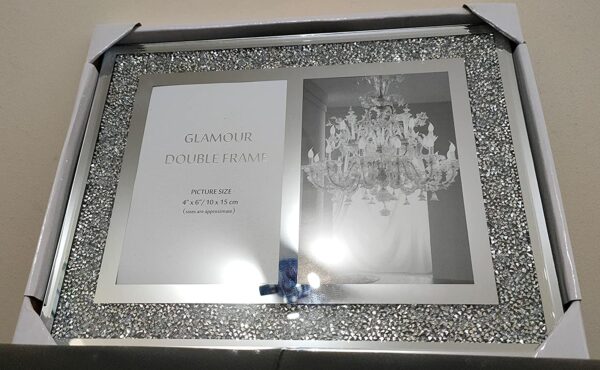EagleWiz Silver Crush Crystal Double Photo Frame Diamante Mirrored Reflective Glass - Image 3