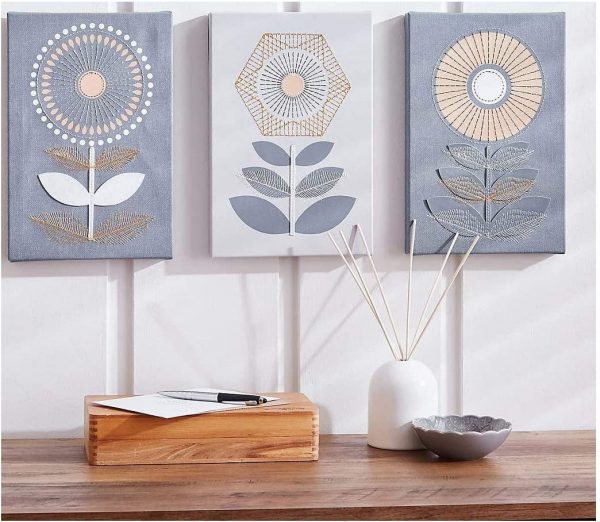 EagleWiz Grey Wall Art Floral Hand Stitched Ochre Canvas Grey Plant Vintage Artwork Home Decor 30x20cm, 3 Panels
