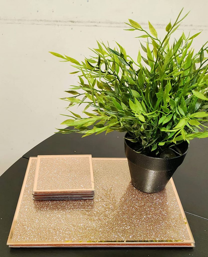 Mirror glass Placemat and Coasters Rose Gold Glitter EAGLEWIZ