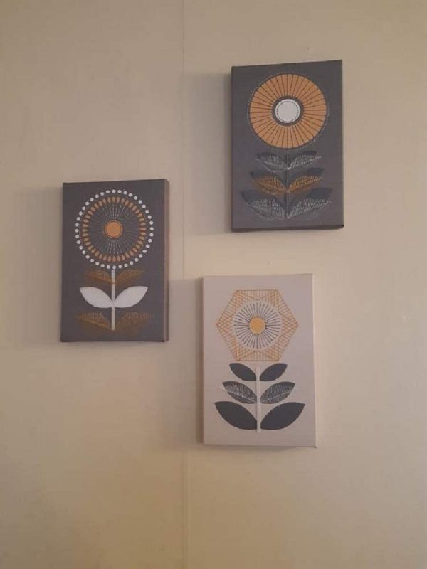 EagleWiz Grey Wall Art Floral Hand Stitched Ochre Canvas Grey Plant Vintage Artwork Home Decor 30x20cm, 3 Panels - Image 3