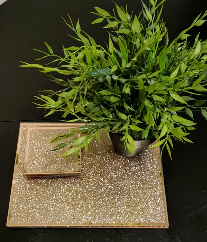 Mirror glass Placemat and Coasters Rose Gold Glitter EAGLEWIZ