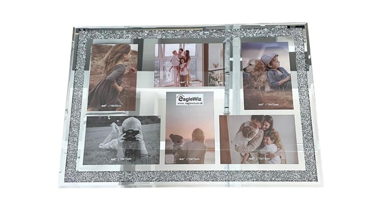 EagleWiz Crush Crystal jewel Mirrored diamond Effect 6 Collage Photos Wall Frame Silver Mirror affect 4x6inch Wedding Gift