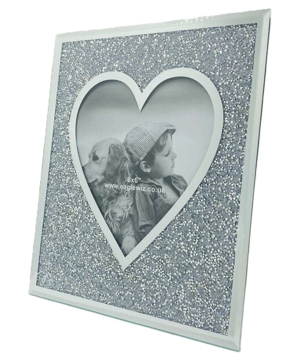 Silver Heart Crushed Crystal Glass photo Frame 6" x 8"