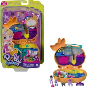 Polly Pocket Corgi Cuddles Compact with Pet Hotel Theme, Micro Polly & Shani Dolls, 2 Dog Figures Fun Features & Surprise Reveals, Great Gift for Ages 4 Years Old & Up, GTN13