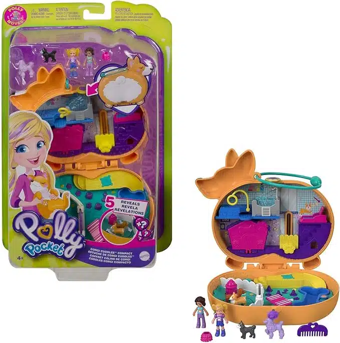 Polly Pocket Corgi Cuddles Compact with Pet Hotel Theme, Micro Polly & Shani Dolls, 2 Dog Figures Fun Features & Surprise Reveals, Great Gift for Ages 4 Years Old & Up, GTN13