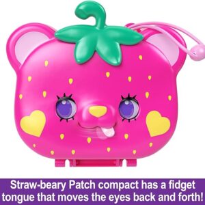 Polly Pocket Dolls and Playset, Travel Toy with Fidget Exterior, Straw-beary Patch Compact with 2 Micro Dolls and 12 Accessories, HRD35