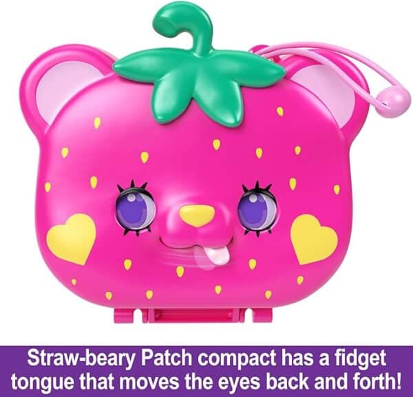 Polly Pocket Dolls and Playset, Travel Toy with Fidget Exterior, Straw-beary Patch Compact with 2 Micro Dolls and 12 Accessories, HRD35