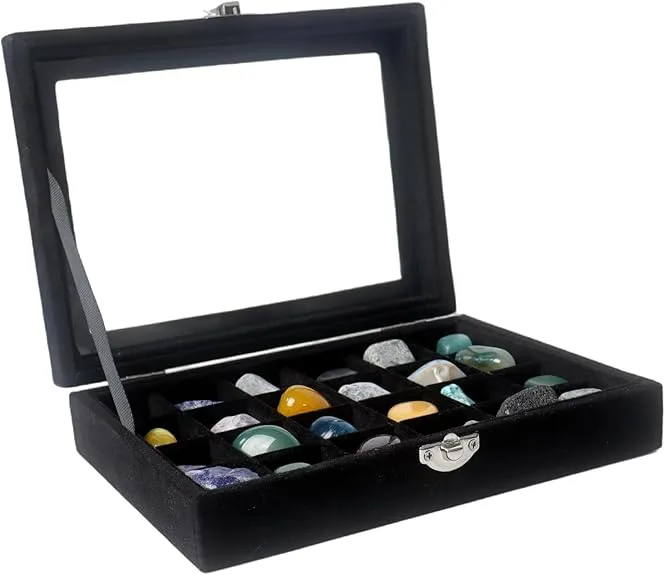 24 Grids Rock Display Case, Velvet Rock Collection Box with Glass Clear Lid, Storage Display Box for Small Gemstone Fossil Crystal Stone Rings Earrings Charms Collectibles(Grey)