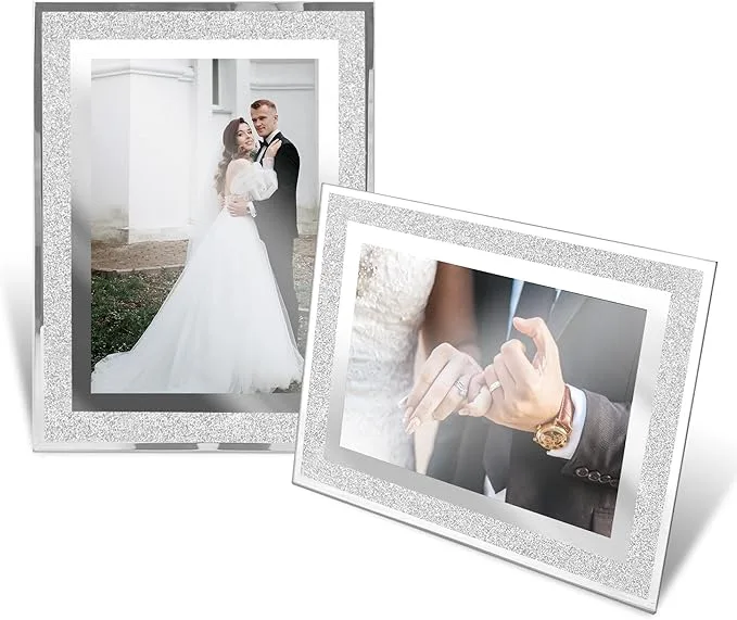 3Pack Mirror Photo Frames 6x4, Silver Glitter Photo Frame 4x6, Glass Photo Frames Silver Glitter Edge for Tabletop Display Family Frames Decoration