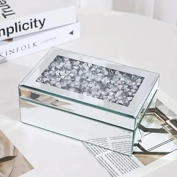 SERENA'S ® Silver Crushed Diamante Mirrored Glass Jewellery Box Makeup Organiser Storage Cosmetic Storage Box, Organizer Skin Care Products, Cosmetic Storage Box Gift for Birthday, Wedding