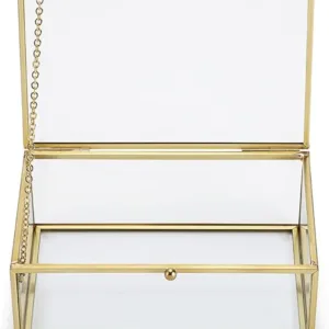 SUMNACON Golden Vintage Glass Lidded Box Rectangle Jewelry Rings Bracelet Display Organizer Personalized Clear Glass Box Golden Organizer Home Decor (Small)