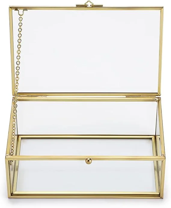 SUMNACON Golden Vintage Glass Lidded Box Rectangle Jewelry Rings Bracelet Display Organizer Personalized Clear Glass Box Golden Organizer Home Decor (Small)