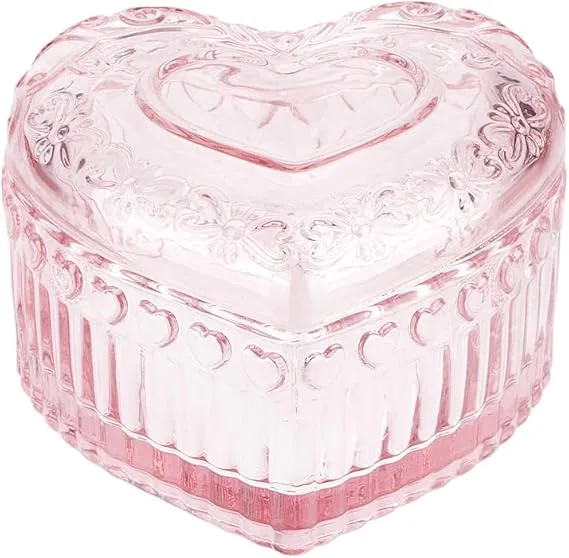 1Pc Vintage Glass Trinket Organizer Box Romantic Pink Crystal Glass Storage Box Embossed Heart Storage for Women Rings Desk Vanity Display