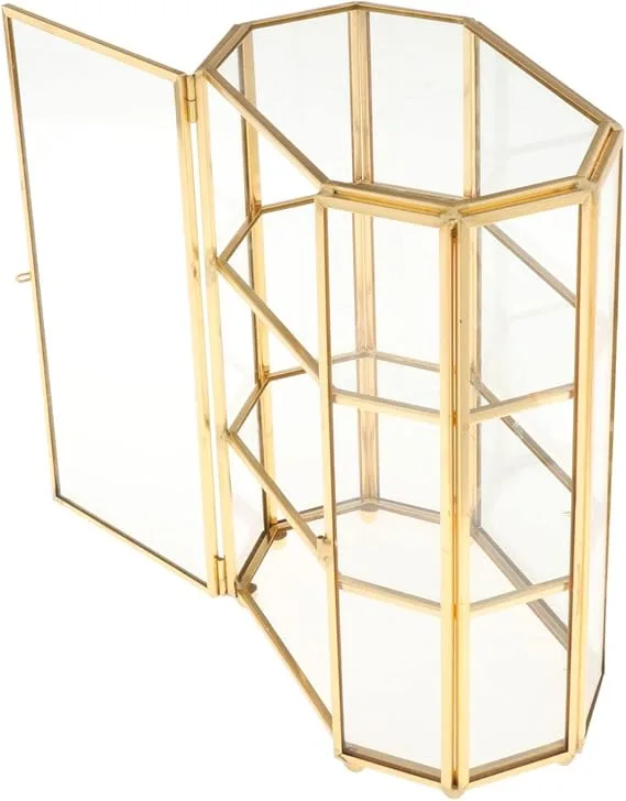 MagiDeal Golden Vintage Glass Jewelry Box Display Case Organizer for Trinkets, Necklace, Ring, Diamond, Flower 6.7"x4"x8.3"