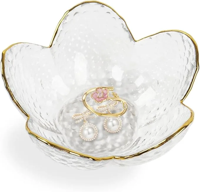 Glass Trinket Dish, Unique Gift for Women Jewellery Tray, Cute Birthday New Home Gift for Her, Floral Jewelry Plates for Decorating Room Bedroom Rings Earrings Necklace Storage (Clear)