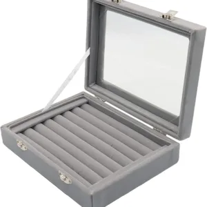 Ring Box, Ring Holder Boxes For Jewellery Ear Ring Box For Storage Jewellery Organiser Earring Holder Ring Boxes For Women 7 Slots Velvet With Glass Windows (Grey)