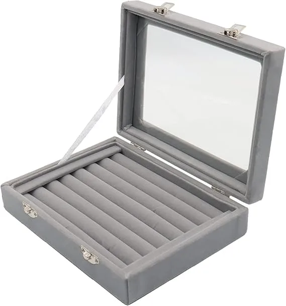 Ring Box, Ring Holder Boxes For Jewellery Ear Ring Box For Storage Jewellery Organiser Earring Holder Ring Boxes For Women 7 Slots Velvet With Glass Windows (Grey)