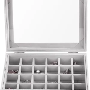 THETAG Multi-Function Slot Velvet Glass Jewelry Box Organizer Case Tray Holder Earrings Storage Box