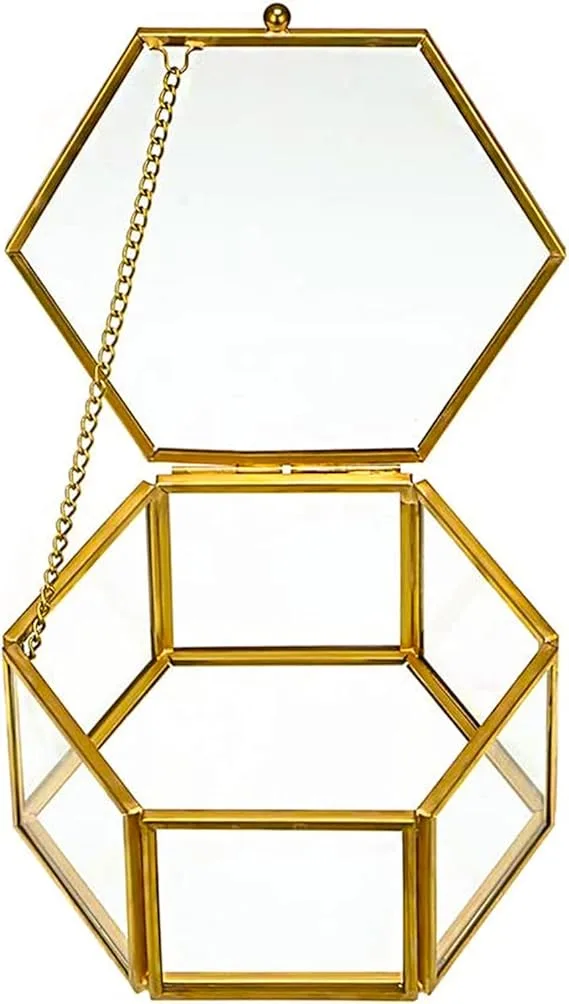 Glass Jewelry Box - Small Decorative Display Case, Hexagon Ring Holder, Golden Trinket Storage Organizer for Earrings