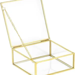 QWORK Golden Vintage Glass Box, Jewellery Storage Organiser, Transparent Rectangular Box, 12 x 12 x 5 cm, for Jewellery Organiser