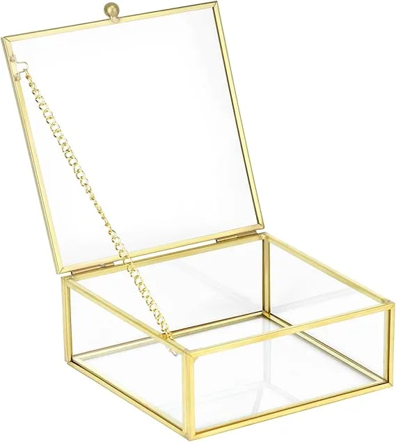 QWORK Golden Vintage Glass Box, Jewellery Storage Organiser, Transparent Rectangular Box, 12 x 12 x 5 cm, for Jewellery Organiser