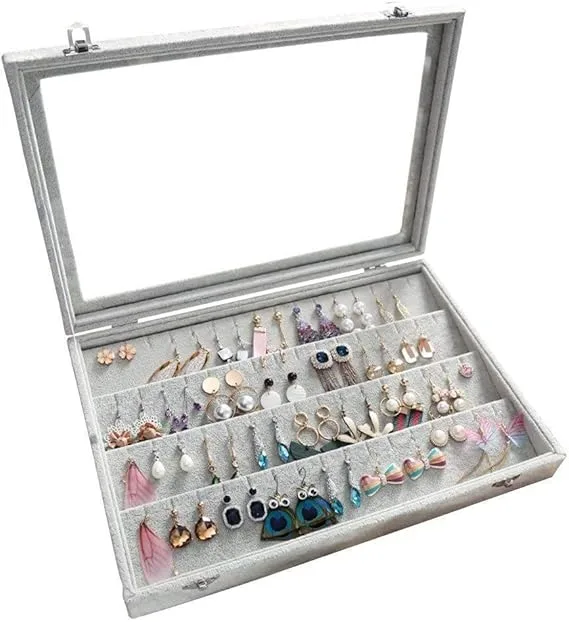 Earrings Organiser, Velvet Clear Lid Earring Holder & 40 Pairs Earrings Storage Box, Jewellery Boxes Display Showcase Case Lockable, Dustproof, 13.14"(L) X 9.18"(W)