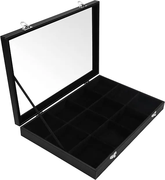 BELLE VOUS Black Velvet Jewellery Organiser Display Case Storage Box with 12 Sections & Glass Lid - Stackable Drawer Tray - Adjustable Storage Grid for Rings, Necklaces, Bracelets, Earrings & Watches