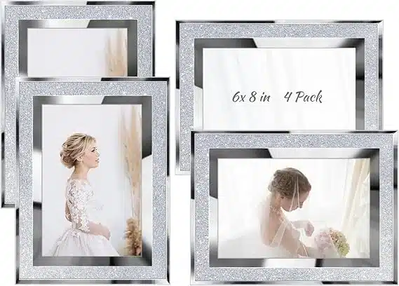 Queekay 4 Pack Glitter Picture Frame 6 x 8 Inch Crystal bling Mirror Picture Frame Wall Decor for Graduate Wedding Home Table, Silver