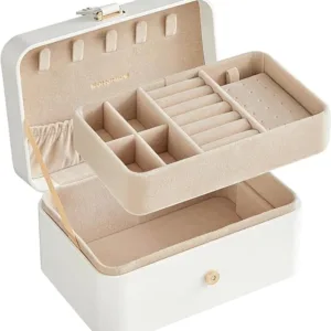 SONGMICS Jewellery Box, 2-Layer Jewellery Storage, 11 x 16 x 8 cm Travel Jewellery Box, Portable Jewellery Case, Small, Spacious, for Larger Accessories, Gift Idea, Cloud White JBC166W01