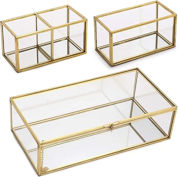 Gold Glass Desktop Storage Box Jewelry Box Makeup three glass Organizer rectangular Storage Containers with Lid