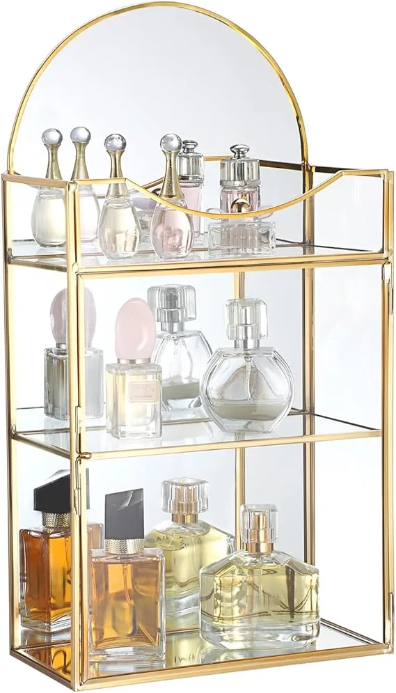Gold Glass Jewlery Display Case with Dome Top, Golden Jewlery Display Cabinet, Glass Mirrored Cabinet Display Box for Trinket with 3 Slots, Golden jewelry Display Organizer, 20.2*10*37.8cm