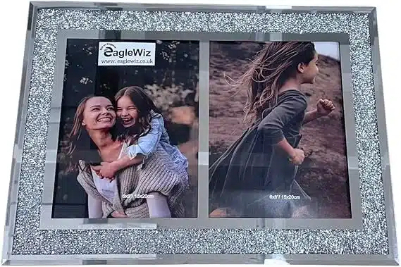 EagleWiz Large Glass Mirrored Crushed Crystal Diamond Double Photo Picture Frame Two Photos Silver suitable for Double photos sizes 7x5 inches and 8x6 inches