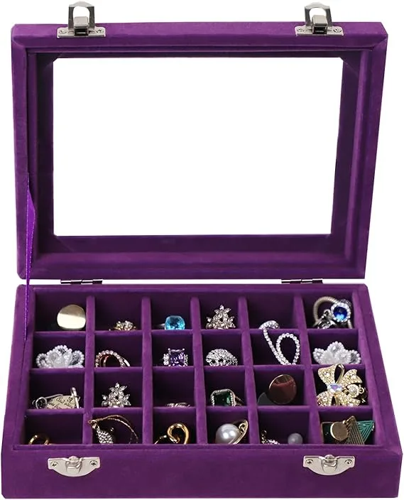 24 Grid Velvet Jewelry Tray for Drawers Detachable Jewelry Showcase Box Glass Clear Lid Showcase Display Storage Ring Trays Holder Earrings Organizer Case (Purple)