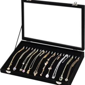 mepure Jewellery Box for Women, Velvet Necklace Holder with 20 Hooks, Clear Lid Necklace Stand, 35cm x 24cm x 5cm – Elegant Jewellery Storage Organiser
