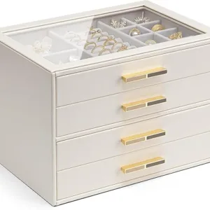 Vlando White Jewellery Box with Glass Lid, 4-Tier Jewellery Organiser, Jewellery Storage with 4 Drawers for Watches,Sunglasses, Gift for Women, For Ring, Necklace, Earring, Bracelet, White