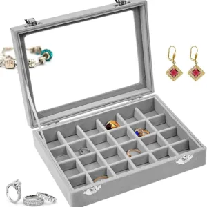 Velvet Jewellery Box 24 Grid Jewellery Organiser with Clear Glass Lid Earring Storage Organiser Jewellery Display Case for Women Girl Birthday Wedding Valentine's Day Easter Christmas Gifts (Grey)