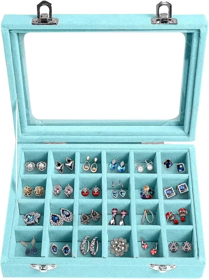 24 Grid Velvet Jewelry Tray for Drawers Glass Clear Lid Showcase Display Storage Ring Trays Holder Earrings Organizer Case Blue