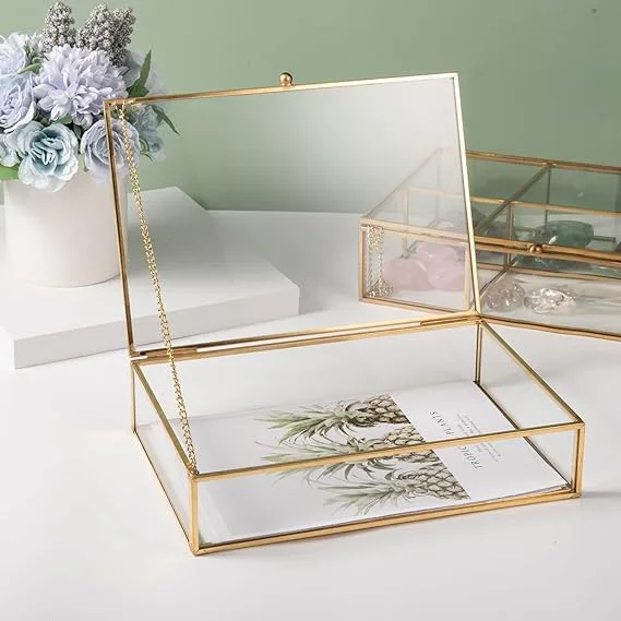 Feyarl Gold Glass Jewelry Trinket Box 5 x 7 Photo Cards Shadow Lidded Boxs Organizer Collection Display Case Decorative Keepsake Box for Home Deco (8.66 x 5.9 x 1.96inch)
