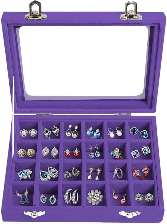 Gift Box Jewelry Organizer Storage Ring Earring Boxes 24 Grids, Travel Small Jewellery Velvet Case Display with Mirror for Girls, Women (Purple)