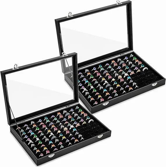 Elsjoy 2 Pack 100 Slots Ring Organizer Box with Transparent Glass Lid, Large Ring Display Case Black Velvet Ring Holder Tray, Ring Jewelry Showcase Display Box