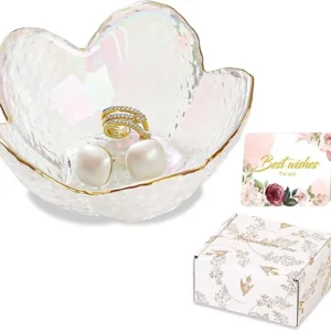 White Flower Jewelry Dish Glass Ring Dish Jewelry Tray Cute Vanity Organizer Room Decor Aesthetic Nightstand Bathroom Decor Trinket Dish Ring Holder Jewellery Tray Valentine's Birthday Gifts for Women