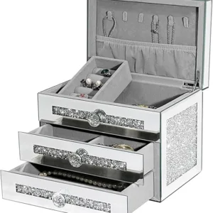 Silver Mirrored Jewellery Box 3 Tier Organiser with Crystal Crushed Diamond Glass Surface 24x16x18 Cm