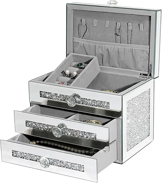 Silver Mirrored Jewellery Box 3 Tier Organiser with Crystal Crushed Diamond Glass Surface 24x16x18 Cm