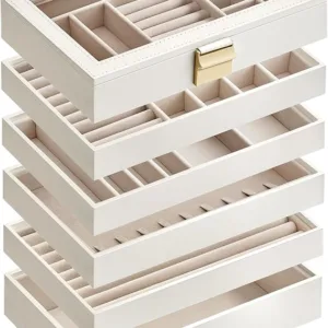 SONGMICS Stackable Jewellery Trays, 6-Tier Jewellery Box, Large Jewellery Case, Clear Glass Lid, 17 x 28 x 25.3 cm, for Dressing Table, Gift Idea, Cloud White JBC195W01