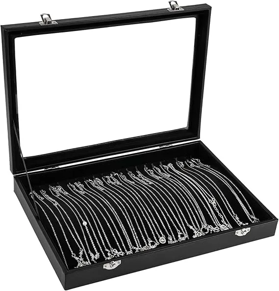 20 Hook Jewellery Organiser, Velvet Necklace Stand with Clear Lid, Lockable Dustproof Display Storage Insert, 13.58"L x 9.52"W
