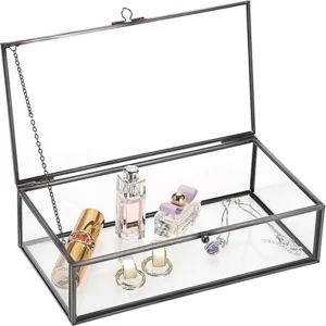 Large Vintage Glass Lidded Box - Rectangle Jewelry Display for Rings, Bracelets, Necklaces - Tabletop Storage (Black)