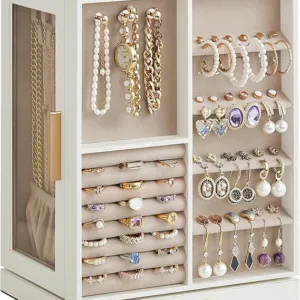 SONGMICS Jewellery Box 360° Rotating, Jewellery Organiser with 5 Drawers, Jewellery Display Case, Glass Window, Spacious, Vertical Jewellery Storage, Open Design, Great Gift, Cloud White JBC170W01